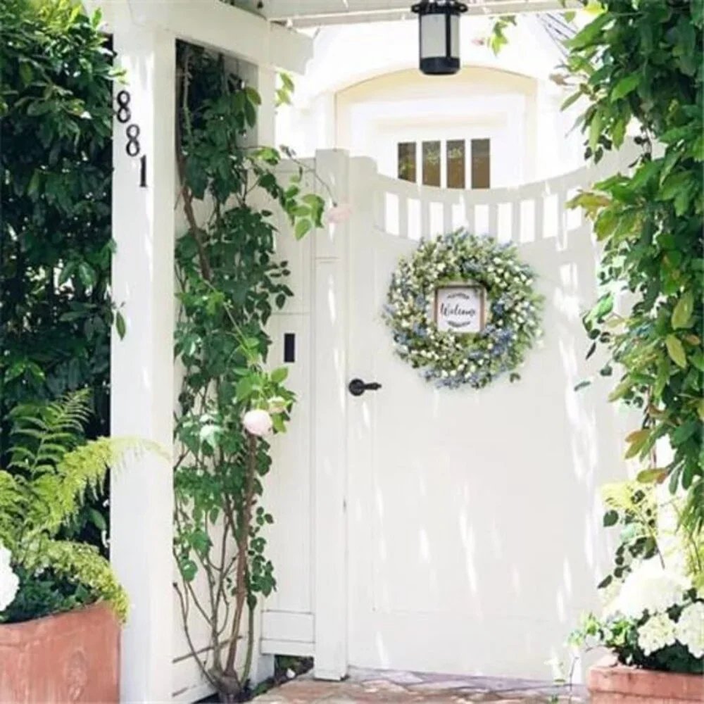 Artificial Leaves and White Flowers Wreath with Welcome Sign, 20 inch